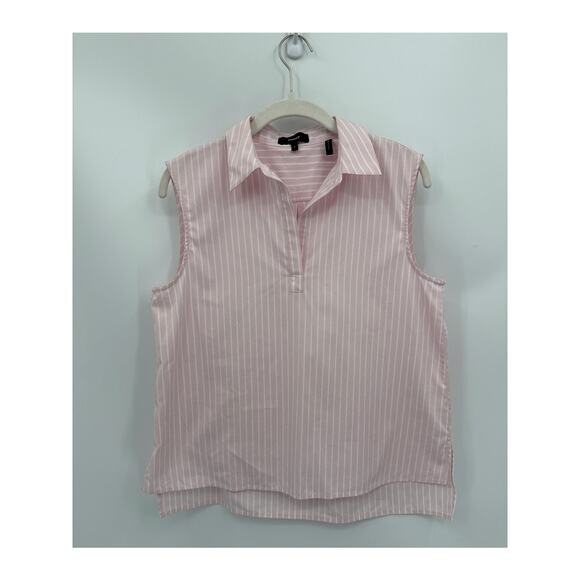 Theory Pinstriped poplin Polo Shell V-neck Top Sleeveless Pink White Size Small - Picture 2 of 7
